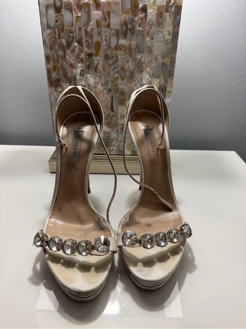 Casadei Ivory Crystal-Strap Platform High Heels